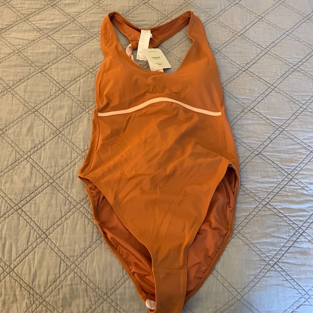 NWT Fabletics Gabriella Orange and Pink One Piece Tie-back Swimsuit - size L